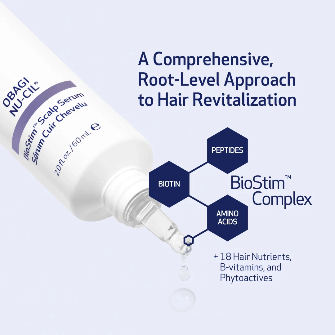 Bottle of BioStim Complex scalp serum with a dropper releasing drops, set against a light blue background with the product tagline and hexagon graphics.