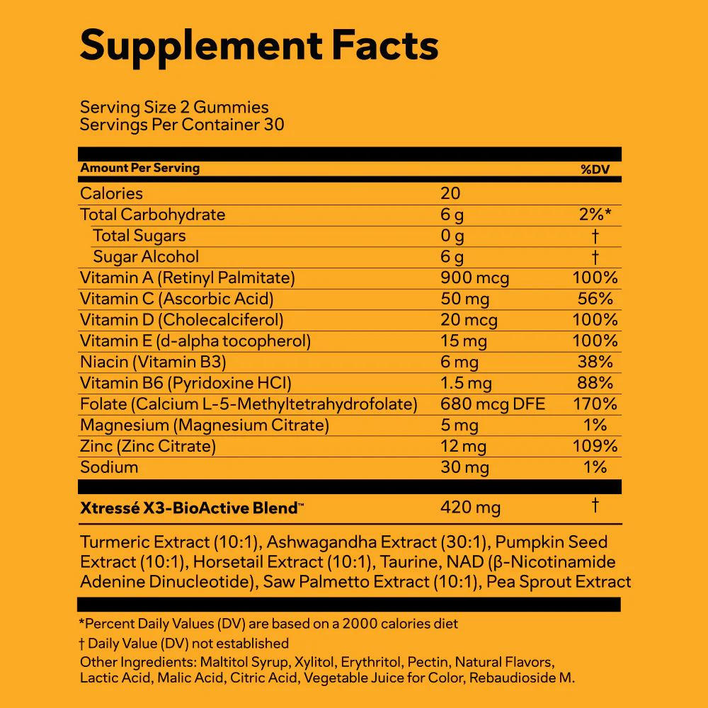 Supplement Facts panel on an orange background listing serving size, servings per container, and nutrition details such as calories, carbs, sugars, vitamins, minerals, and proprietary blend ingredients.